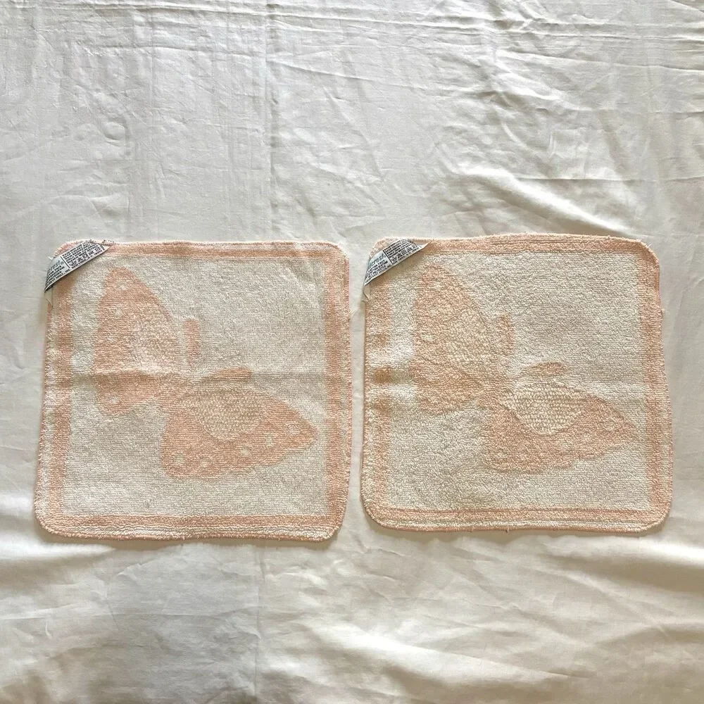 Vintage Fieldcrest Washcloth Face Towel Set of 2 Peach White Butterfly